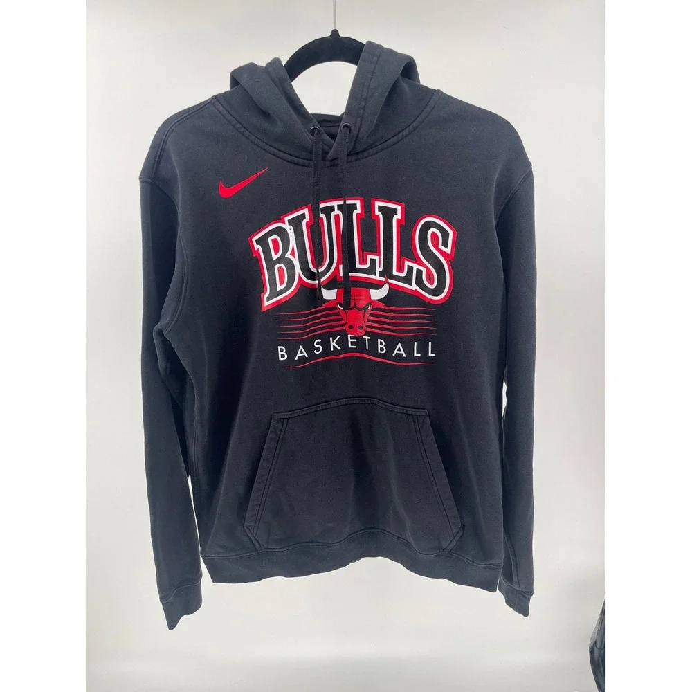 Nike Chicago Bulls NBA Basketball Hoodie Mens Medium Black Fleece Pullover Swish